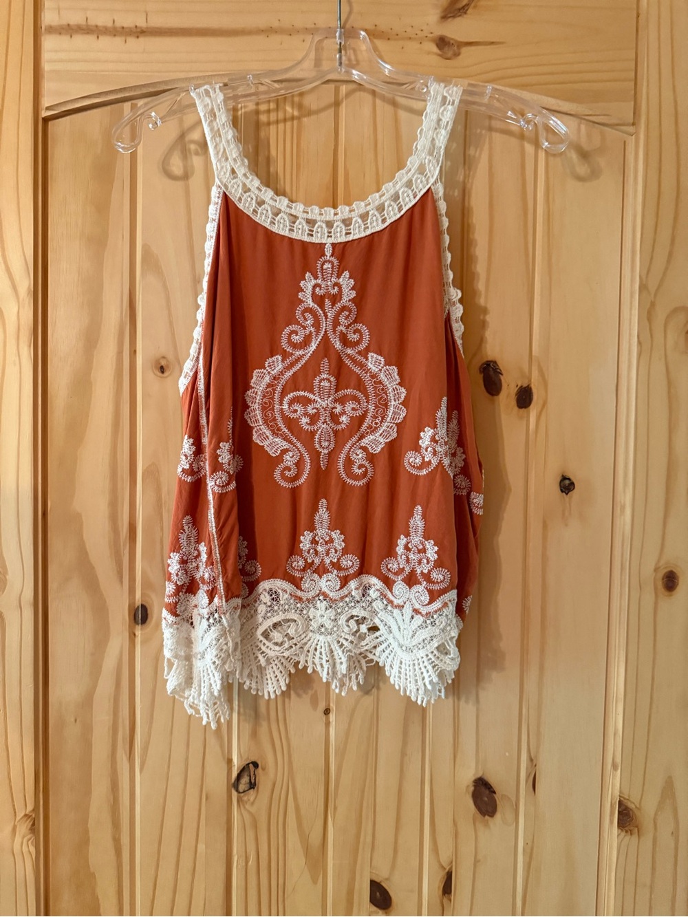 Boho Crochet-Trim Tank Top in Rust with Ivory Lace